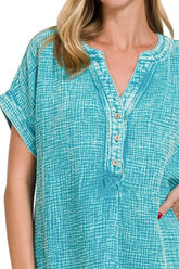 Washed Double Gauze 3/4 Button Henley Neck Shirt ZENANA